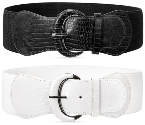 JasGood 2 Stück Damen Breiter Elastischer Taillengürtel Vintage Gürtel Hüftgürtel für Frauen Kleider,Schwarz/Weiß,103cm(Für Taillenweite 91cm-105cm)