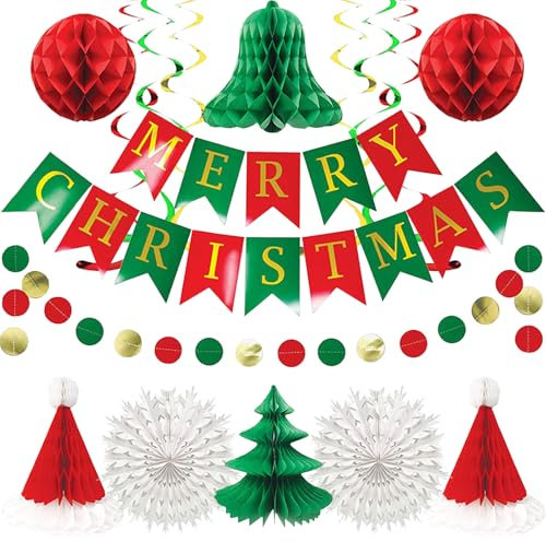 Zfseyuh Weihnachtsdeko,Weihnachtsdeko Set Innen Wiederverwendbare Christmas Decorations Deko Weihnachtsdekoration Merry Christmas Deko Girlande,Banner,Wabenbälle für Weihnachtsfeier