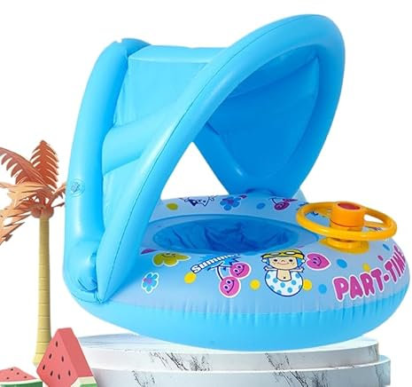 Salvagente gonfiabile con tettuccio parasole, per bambini fino a 15 kg, copertura rimovibile, volante girevole con clacson, aiuto per il nuoto per piscina e spiaggia