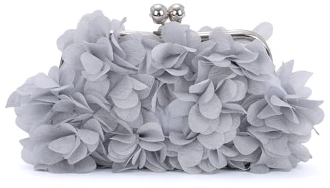 SUKUTU Pochette de soirée pour femme, sac de soirée avec fleurs, sac pour femme avec bandoulière à chaîne, pour mariée, gris, Taglia unica