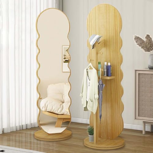 Ganzkörperspiegel mit Garderobe, Moderner Stil Stand-Ankleidespiegel, 360° Drehbarer Bodenlanger Spiegel Wohnzimmer, Schlafzimmer, Garderobenspiegel