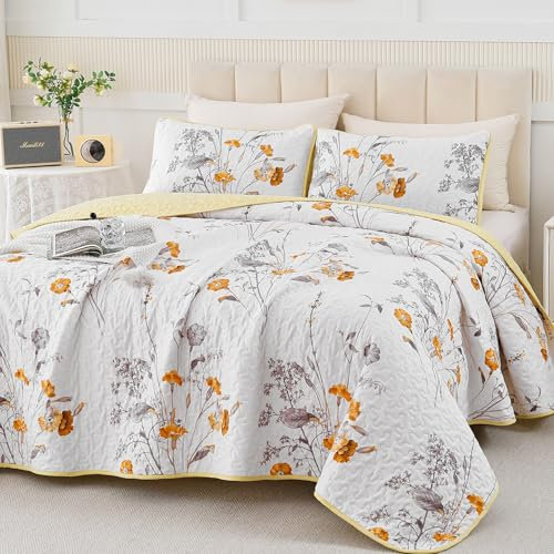 WONGS BEDDING Yellow Floral Quilt Set King Size, 3 Pieces Botanical Plants Pattern Bedspread Coverlet Set with 2 Pillowcases, Soft Lightweight Microfiber Bedding Set for All Season(104×90)