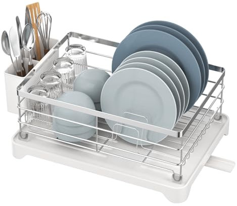 APPASO Dish Drainer Rack, Stainless Steel Rust-Resistant Dish Rack with Drip Tray, Cutlery Holder & Swivel Spout, Space Saving Kitchen Counter Drying Board, Large Capacity, Silver