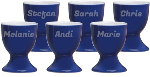 LUXENTU Eierbecher Doppio mit personalisierter Gravur, 6er Set, Kleine Ei-Halter mit einzeiligem Gravurbereich, Perfekt für Namen und Sprüche zu Ostern, Porzellan, Indigo Blau
