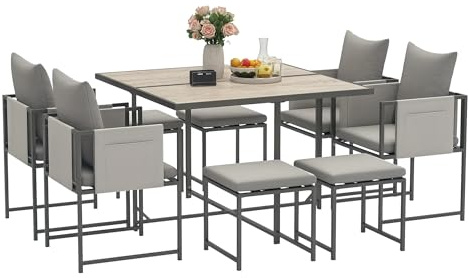 Outsunny 9-teiliges Tisch- und Stuhlset für den Garten, Esstisch-Set mit Tisch mit PSPC-Platte, 4 Fußhocker, 4 Stühle mit Taschen, waschbare Kissen und Armlehnen, Stahlmöbel-Set, grau