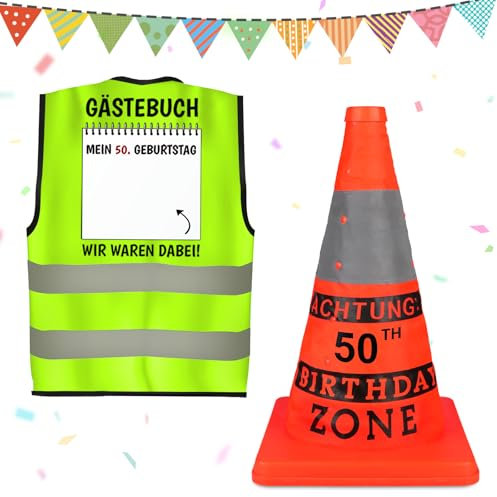 Giftota Original 50 Geburtstag Geschenk 2 Stück, Sicherheitskegel und Weste mit Grußkarte 50 Geburtstag Männer, Geburtstagsgeschenk 50 Mann Partyzubehö, Lustige Party Dekoration für Frauen & Männer
