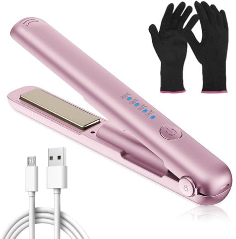 Mini plancha de pelo, alisadora inalámbrica, mini plancha de pelo, alisadora de viaje, para pelo corto, rizado y largo, batería de 3200 mAh, calentamiento rápido de 20 segundos, color rosa