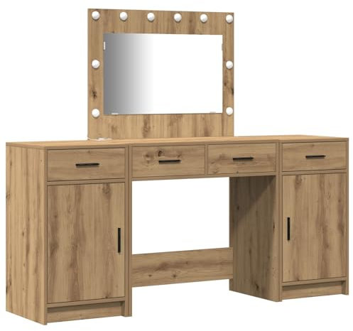 vidaXL Oak Bedroom Vanity Set with Mirror - Chic Oak Finish, 3 Piece Set, Hollywood Lighted Mirror, Bedroom/Dressing Room, Particle Board