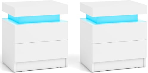 COSTWAY LED Bedside Table, High Gloss Smart Nightstand End Sofa Side Table with 2 Drawers, Adjustable RGB Lights and Remote Control, Modern Accent Bedside Cabinet for Bedroom Living Room (2, White)