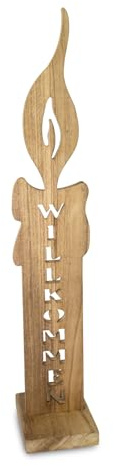 Riffelmacher Deko-Kerze Willkommen aus Holz | Natur | Mit Standfuß | 96×16 cm | Große Holzsäule für den Eingangsbereich | 13155