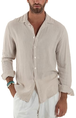Giosal Camicia Uomo Lino Colletto Maniche Lunghe Casual Regular Fit Basic Tinta Unita Vari Colori (IT, Testo, L, Regular, Regular, Beige)