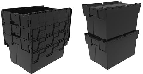Heavy Duty 100% Recycled Plastic 65 Litre Attached Lidded Container Storage Box Totes (60 x 40 x 36cm) Black - Pack of 5