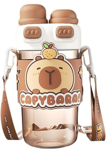 Pesoncarl Capybara Water Bottle, 720ml Cartoon Plastic Kawaii Water Bottle with Dual Lid & Adjustable Strap, Heat-Resistant Drinking Cups for Home Office School, Canteens Bottles