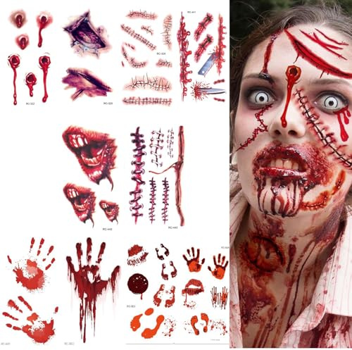 Narben Tattoo Halloween Kostüm Kinder Damen Herren Gesicht Aufkleber,Halloween Deko Zombies Vampir Narben Gruselig Fasching Gesichtstattoo Faschingskostüme Schminke Accessoires
