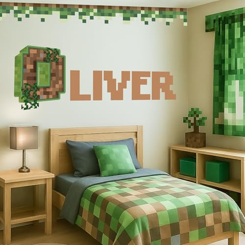 AdesiivoStudio Individueller Pixel-Namen-Wandaufkleber, personalisierbar, Gaming-Stil, Schlafzimmer-Dekor für Kinder, Block-Themen-Vinyl-Aufkleber für Jungen- oder Mädchenzimmer, Abziehen und