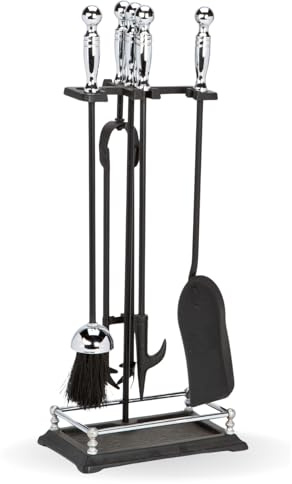 CAPRICAN Black & Chrome Fireplace Companion Set 5 Piece – Round Handle Fireside Tools with Poker, Shovel, Brush Tongs & Stand – Modern Black Fire Tool Set for Wood Burners Stoves (FIRE61)
