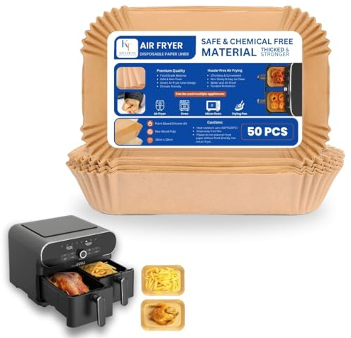 KT Ninja Air Fryer Liners, 9 Inch Rectangle Air Fryer Liners, Pack of 50 for Ninja Air Fryer - Premium Parchment Paper, Non-Stick, Easy Clean Up, Compatible with Ninja Air Fryer Models