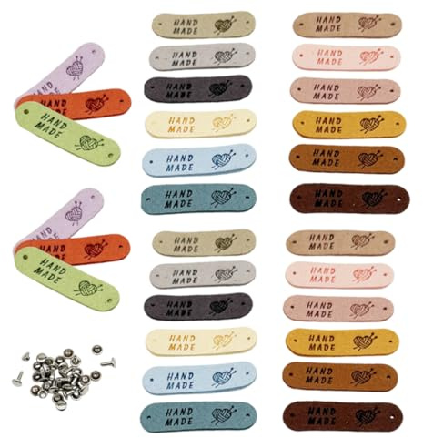 YAZWUR 30 Stück Bunte Etiketten zum Nähen, Handgemachte Lederetiketten, Handmade Label zum Annähen, Stricken Zubehör, Personalisierte Häkel mit Löchern, für DIY Urlaub Party Dekoration