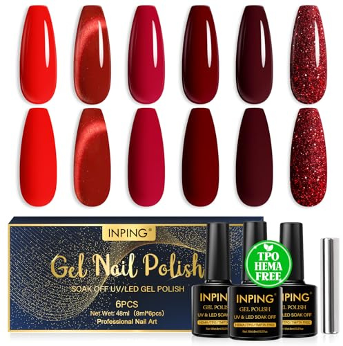 INPING Gel Nail Polish TPO-FREE Red 6 Colors Cat Eye UV Nail Varnish 8ML | Burgundy Dark Red Glitter Classic Popular Gel Nail Polishes Set Mit Magnet for Christmas Women Nail Art Varnish