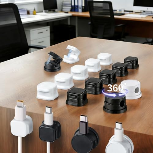 12 Pack Cable Clips (10 Pcs Square Cord Holder 2 Pcs Circular And Rotatable Cord Clips) Suitable For Office Desks Home Desks, Telephones, Vehicles, Walls, Tabletops And Bedside Tables,Black And White