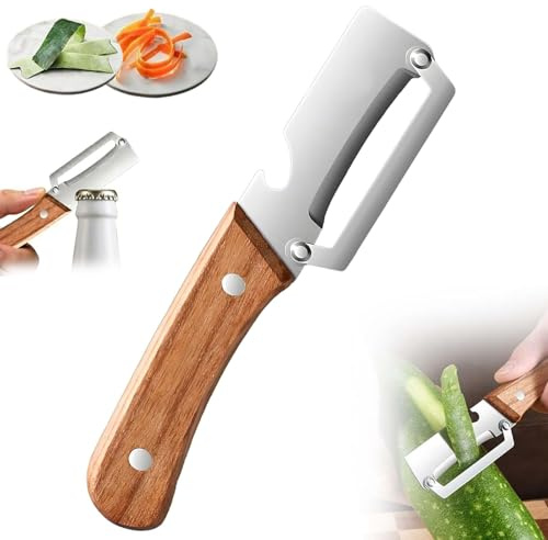 Multi-Functional Vegetable Peeler for Kitchen, Sparschäler Edelstahl mit Holzgriff, Obst- und Kartoffelschäler Scharf, inkl. Flaschenöffner, Ergonomisches Design (1Pc)