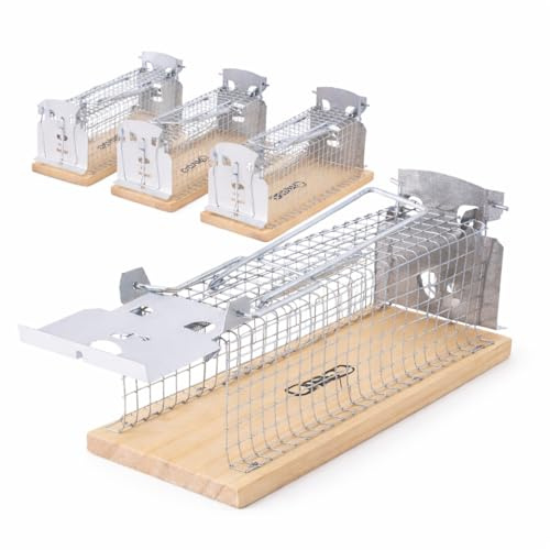 Qivee Lebendfalle für Ratten und Mäuse, 4er-Set, 30 x 9,5 x 12 cm, Verzinktes Drahtgitter mit Holzbodenplatte, Wiederverwendbar, Tragegriff