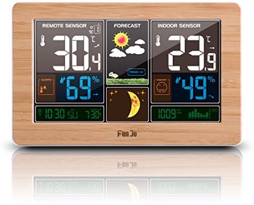 FanJu Wetterstation Funk mit Außensensor, DCF Funkuhr, Digital Farbdisplay Innen und Außen Thermometer Hygrometer, Funkwetterstation mit Wettervorhersage und Barometer, Batteriebetrieb und Netzbetrieb
