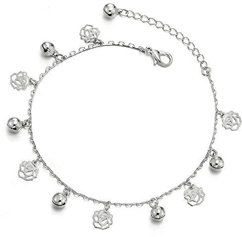 COOLSTEELANDBEYOND Nouveau Style Femme Chaîne Maillons Bracelets de Cheville avec Pendantes Rose et Grelot, Réglable