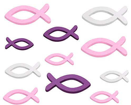 FEPITO 144 Stück Holz Fisch Deko Fische Streudeko Taufe Deko Taufe Mädchen Tischdeko Taufe Kommunion Konfirmation (Rosa Lila Weiß - Gemischte Größe)