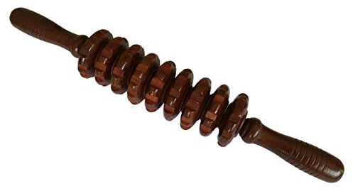 Holz Massage-Roller – 9 Ringe – Profi Universal Massagerolle/Handroller für Körper Rücken Schultern – einfache Anwendung für Laien (38cm, ECHTHOLZ, 9 Massage-Ringe)