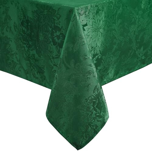 Elrene Home Fashions Poinsettia Elegance Jacquard Holiday Tablecloth, 60 x 144, Green