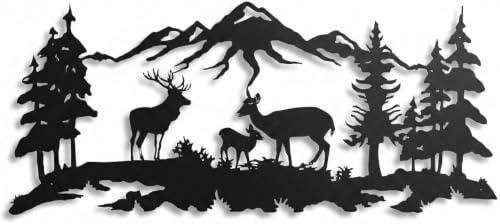 DEKADRON Metall Wandkunst Hirsch Familie mit Baum - Wand Dekor für Innendekoration Wandbehänge (117 x 51 cm)