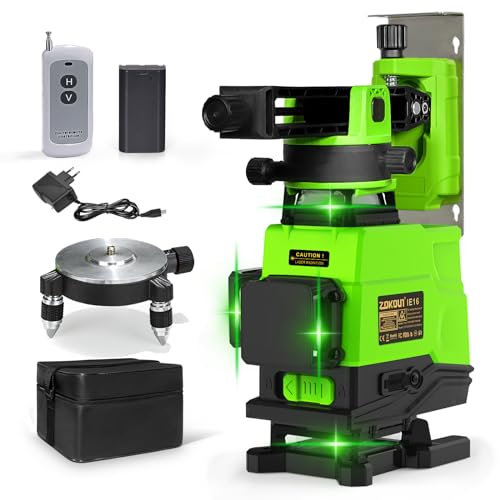 Zokoun Laser Floor and Wall Powerful Green 16 Lines, 360° Rotary Self-leveling Laser Level Horizontal&Vertical Cross with Wireless Control 4D Laser Level with Li-ion Battery (IE16)