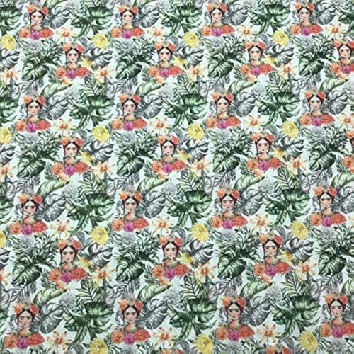 Kt KILOtela - Patchwork-Stoff – Digitaldruck – 100% Baumwolle – Patchwork 100 cm Länge x 140 cm Breite, Frottee, Tropische Blätter – Grün, Gelb, Rosa, Orange – 1 Meter