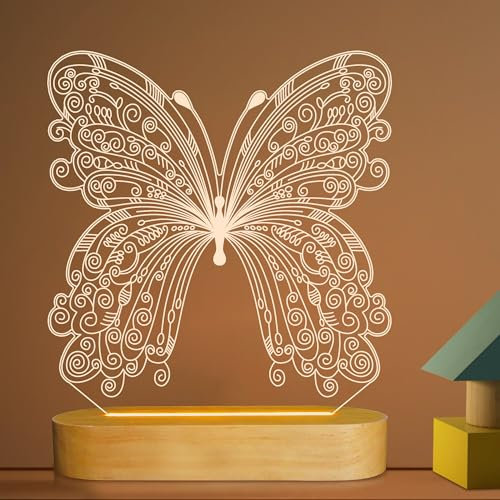 Lightzz 3D optische Täuschung Lampe Schmetterling Nachtlicht für Kinder Baby Mädchen Schlafzimmer Dekor Geschenke, weiche warmweiße Farben Holzsockel Nachttischlampe…