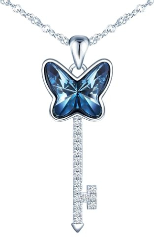 MICSAVI Collares de plata de ley 925 para mujer, collar con forma de llave colgante de mariposa con cristal azul, circonita cúbica, collar de plata con exquisita caja