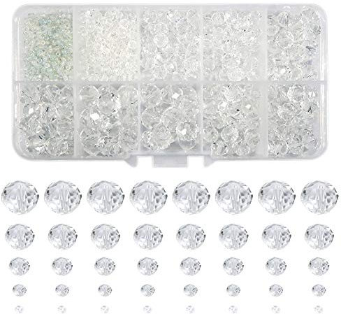 TOAOB 1000 Piezas Cuentas de Vidrio Abalorios Cristal Facetado Checas de 2 mm a 10 mm Redondas Blanco Transparent Cristal Abalorios para Manualidades Pulseras Accesorios y Collares Hacer Bisuteria
