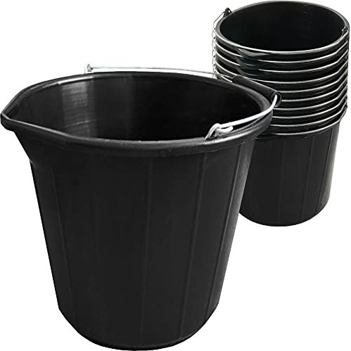 10x Heavy Duty Black Plastic Builders Bucket 3 Gallon 14 Litre Water Mixing Storage Strong with Handle and Spout Ideal for Construction Trade, Animal Feed, etc Made in U.K.