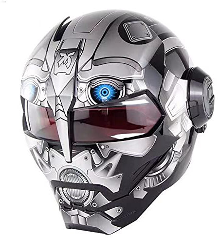BANNESE Motorradhelm Full Face Predator Helm Motorrad, Persönlichkeit Cool Flip Open Helmmaske Für Motorrad-, Roller- Oder Clubpartys Und Cosplay Prop, DOT-Zertifiziert,Gray Robot,XL