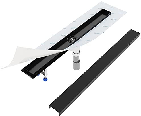 Aquabad Duschrinne SDS Schwarz Matt aus Edelstahl, Komplett Set mit Blende: Bord, Siphon und Haarsieb, Länge 70 cm, senkrechter Abgang Mitte