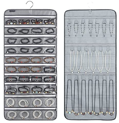 ANZORG Doppelseitiger Schmuck-Organizer zum Aufhängen mit 40 Reißverschlusstaschen und 20 Hakenschlaufen, Ringe mit 360 Grad drehbarem Aufhänger (40 Reißverschlusstaschen und 20 Hakenschlaufen), Grau