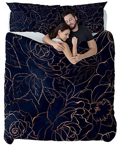 Maikoler Soft Cosy Easy Care Luxury 3 PCS Duvet Cover Chic Elegant Rose Gold Navy Blue Pattern Quilt Cover Bedding Set with Pillowcases - Double 200cm X 200cm
