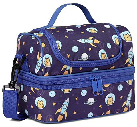 Kasgo Lunch Bag for Kids, Insulated Toddler Lunch Box Bag Dual Compartments Boys and Girls Cooler Bag with Adjustable Shoulder Strap for School Picnic, Blue Astronaut