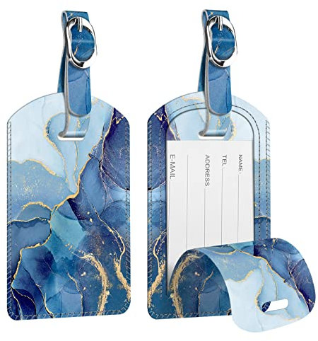 [2 Stück] Fintie Kofferanhänger aus Kunstleder, Gepäckanhänger ID Etikett mit Adressschild Namenschild für Reisetasche Koffer, Ozean Marmor