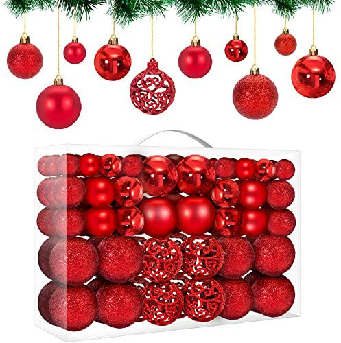 MTSCE Palline di Natale Rosso 100 Pezzi da 10 Tipi, Palle Albero di Natale Rosse Decorazioni, Addobbi Natalizi, Plastica Infrangibile, Riutilizzabile
