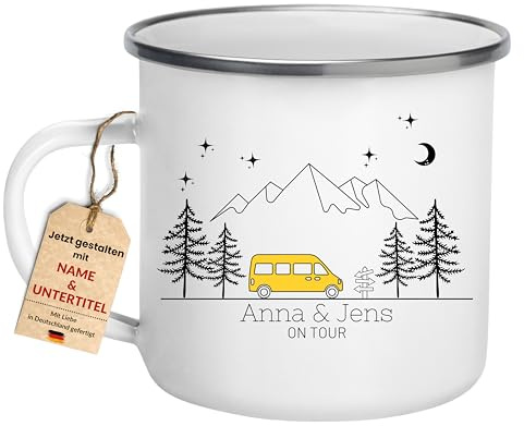 Little Mathilda Emaille Tasse bunter Camper Van Camping personalisierte Campingtasse mit Namen Kaffeetasse Zubehör Wohnwagen Edelstahl Becher Geschenk für Camper (Campingvan gelb)