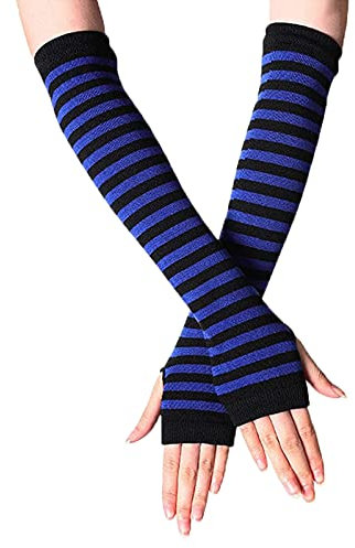 B-HOT Warme fingerlose Handschuhe, dehnbar, gestrickt, Daumenloch, Sonnenschutz, lange Arme, gestreift, blau / schwarz, One size