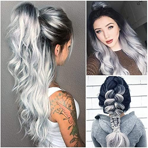 iFRich 26 Zoll Synthetische Perücke, Ombré-Stil, Silbergrau, gewellt, natürlich aussehend, lang, hitzebeständig, für den Alltag (Grau)