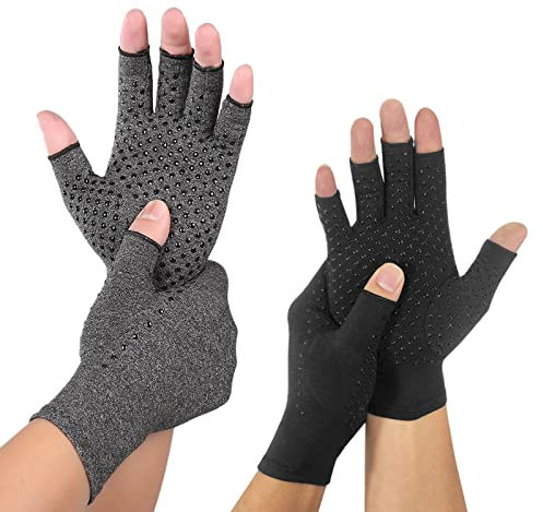 LdawyDE Arthrose Handschuhe 2 Paar Kompression Arthritis Halbfinger, Grau+Schwarz Fingerlos Für Damen/Männer - Bieten Arthritische Gelenkschmerzen Linderung