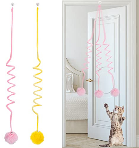 Fanshiontide 2 Packs Door Hanging Cat Toy for Indoor Cats - Adult Plush Teaser Toys With Bells for Hunting and Exercising (Pink+Yellow)